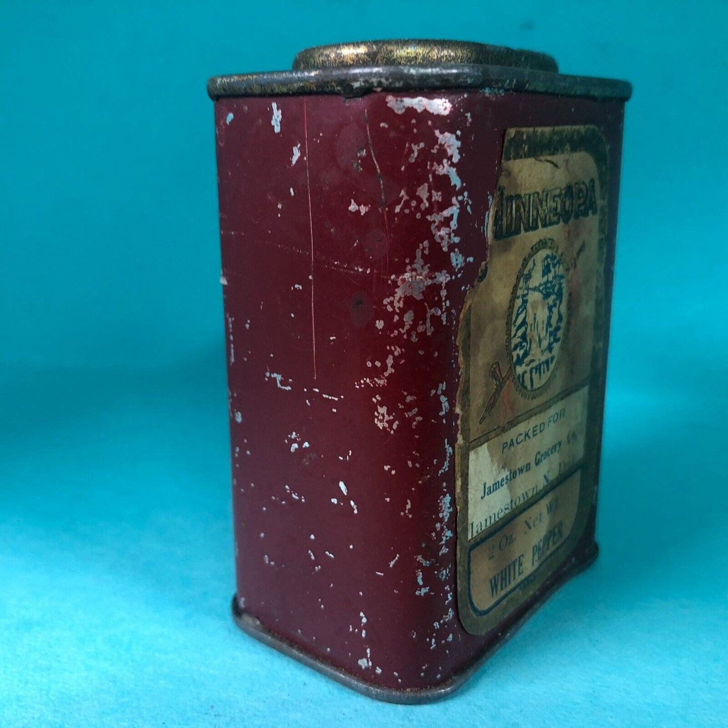 Minneopa Jamestown Grocery ND White Pepper Spice Tin 3"h c1920's-30's