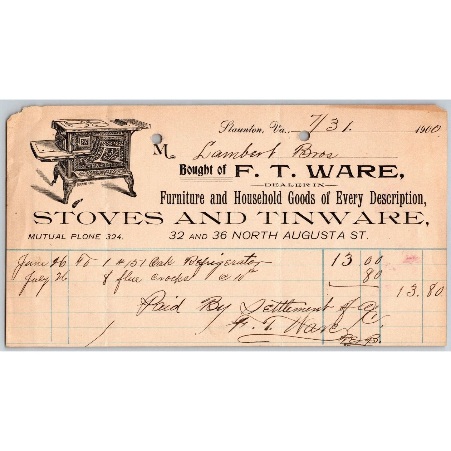 1900 Scarce F. T. Ware Stoves Tinware Furniture Letterhead Staunton, VA