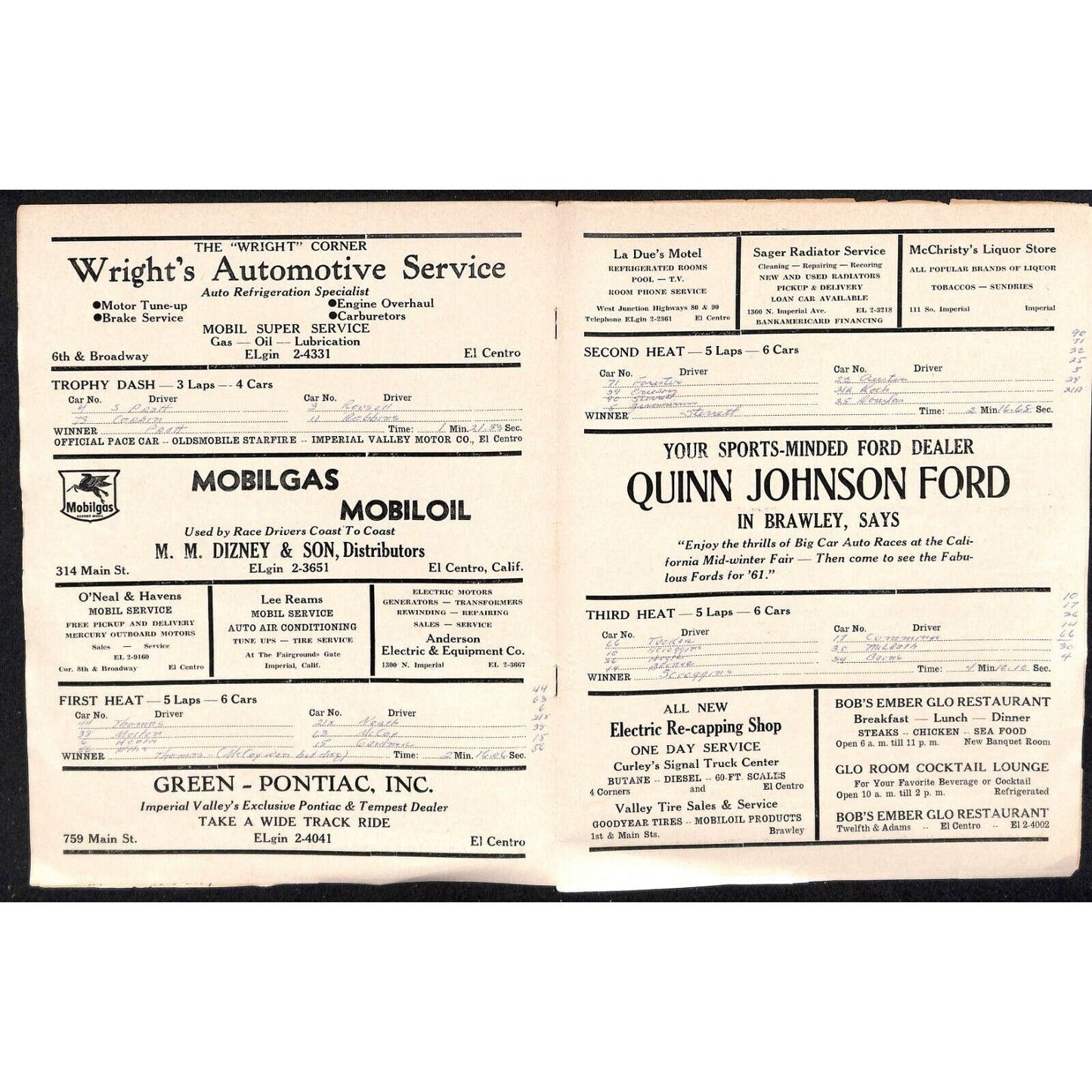 Scarce Vintage Mar 1961 California Auto Racing CRA Program Big Car El Centro 8pp