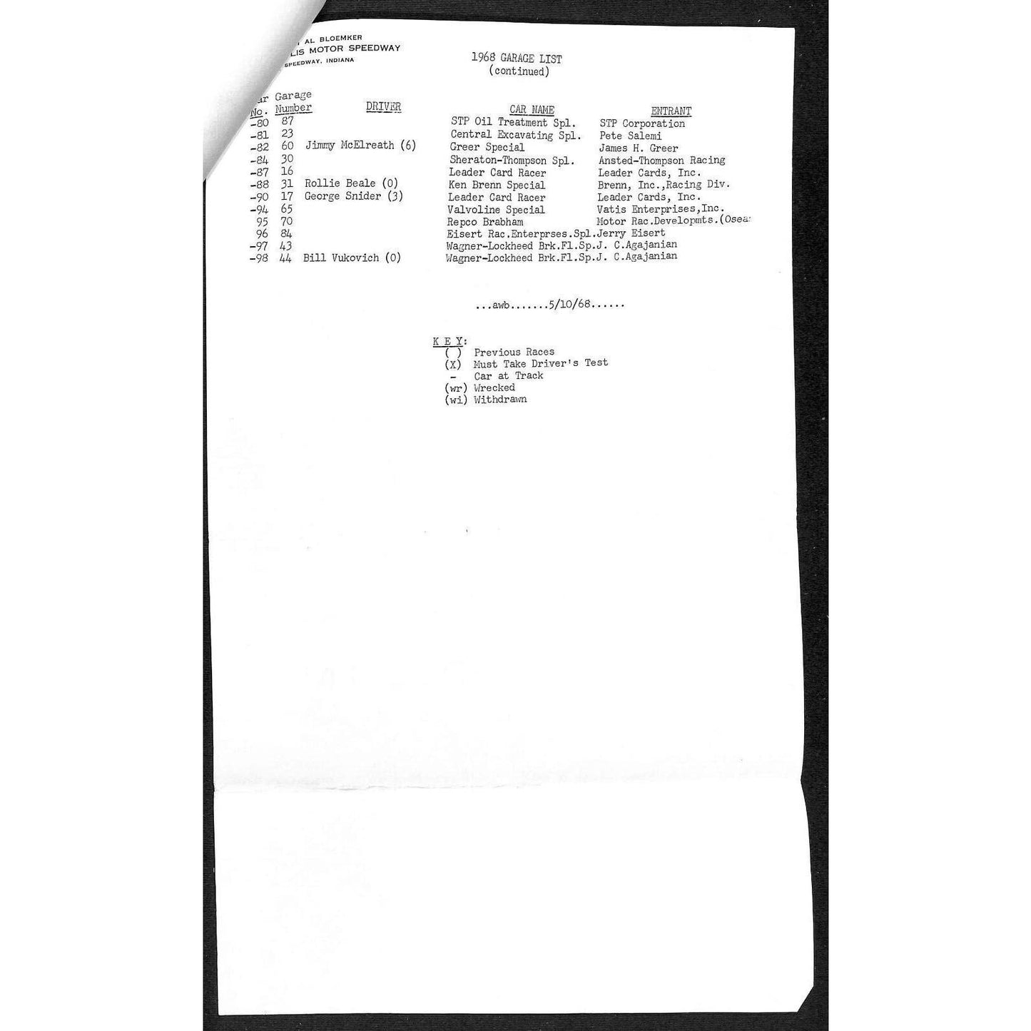 1968 Indy 500 Indianapolis Motor Speedway Garage List - 2pp Legal Size Sheet