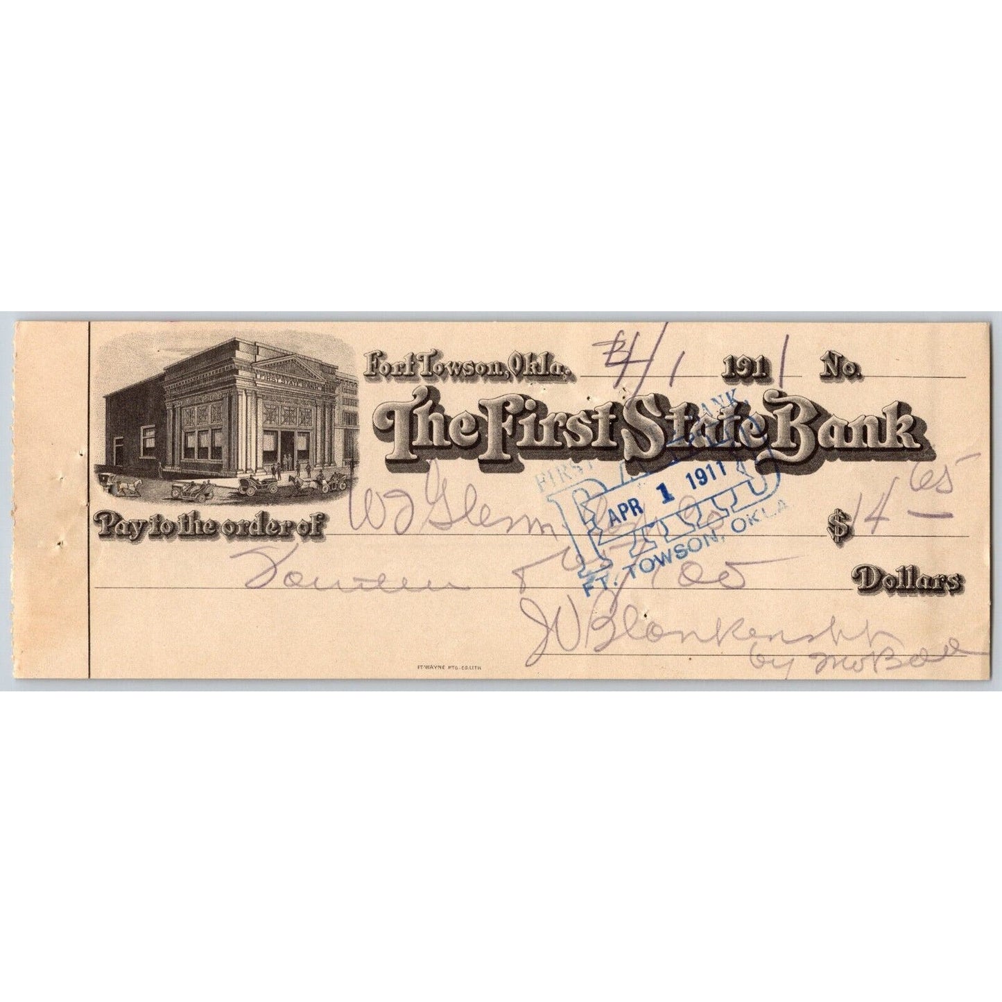 Fort Towson Oklahoma 1911 First State Bank Check w/ Vignette Automobile Scarce