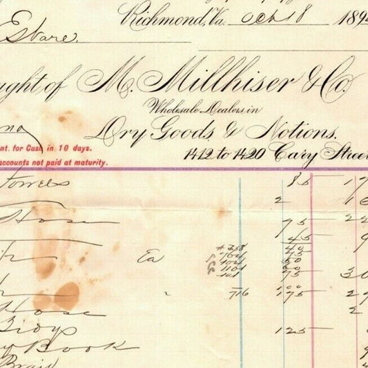 M. Millhiser Dry Goods Notions Richmond, VA Letterhead o Geo. E. Wear 1894