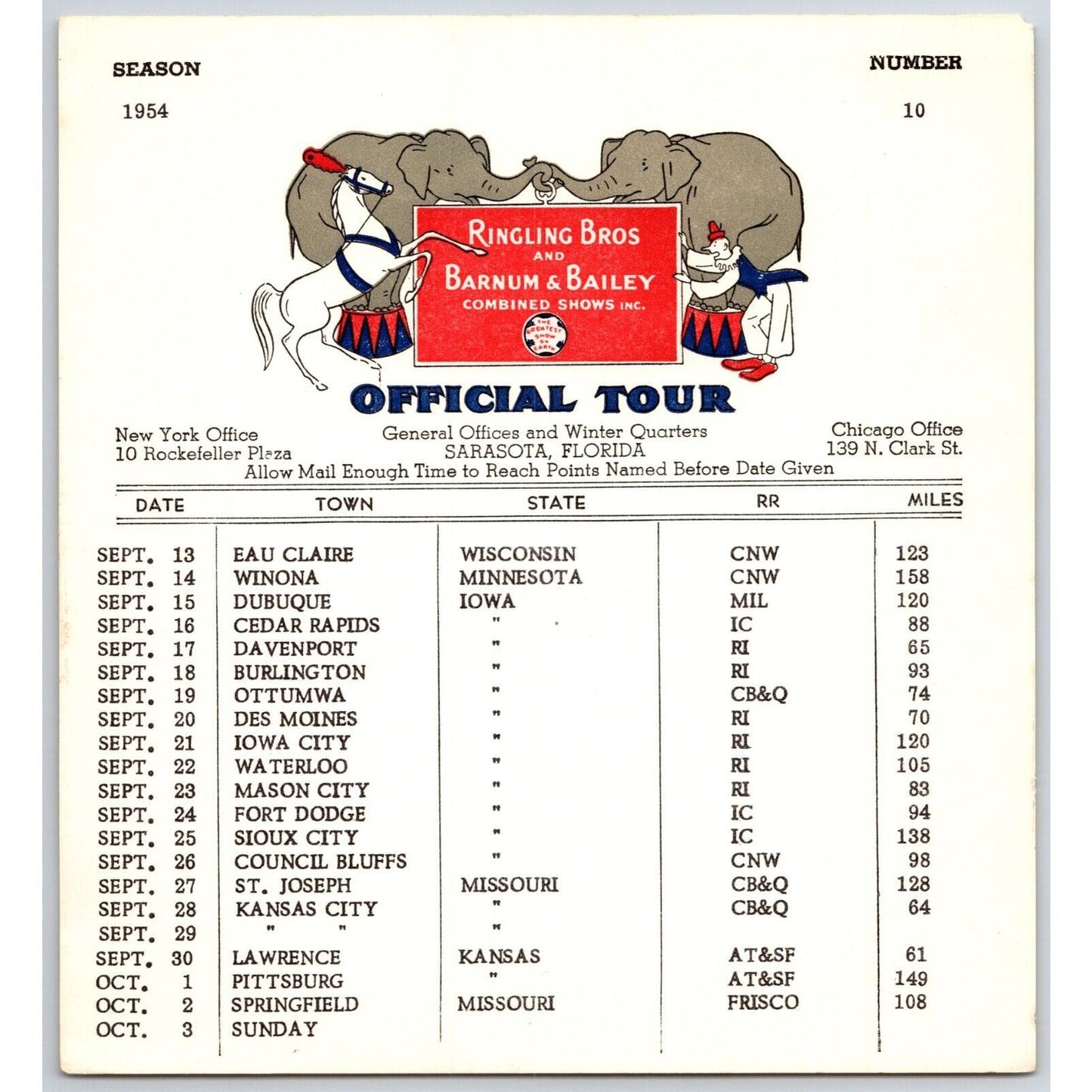 1954 Ringling Bros Barnum Bailey Circus Route Card Winona Cedar Rapids Davenport