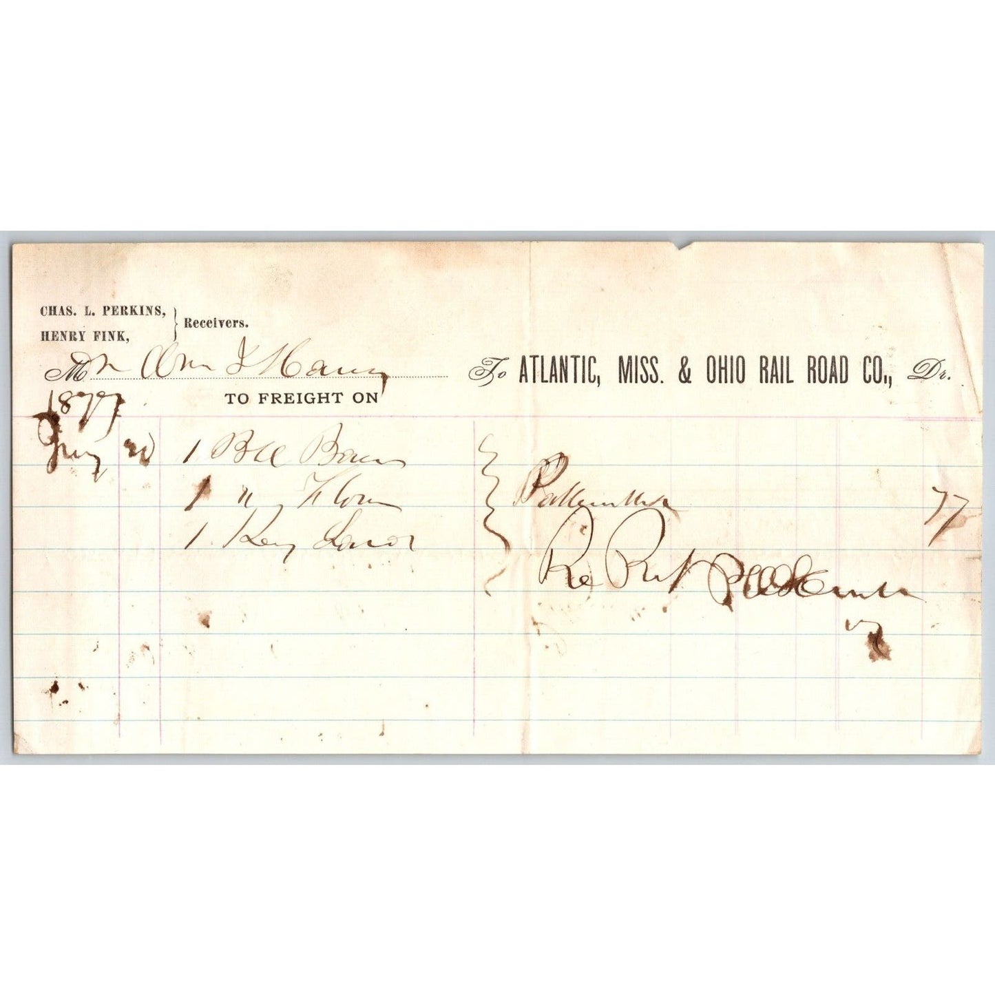 Atlantic, Miss. & Ohio Rail Road (1870-82) AM&O 1877 Freight Billhead - Scarce