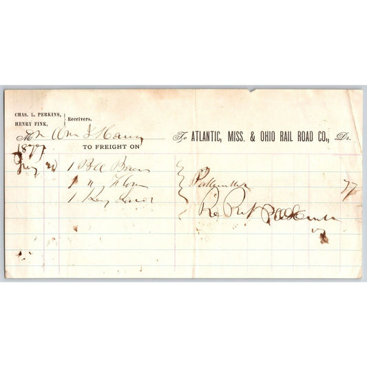 Atlantic, Miss. & Ohio Rail Road (1870-82) AM&O 1877 Freight Billhead - Scarce