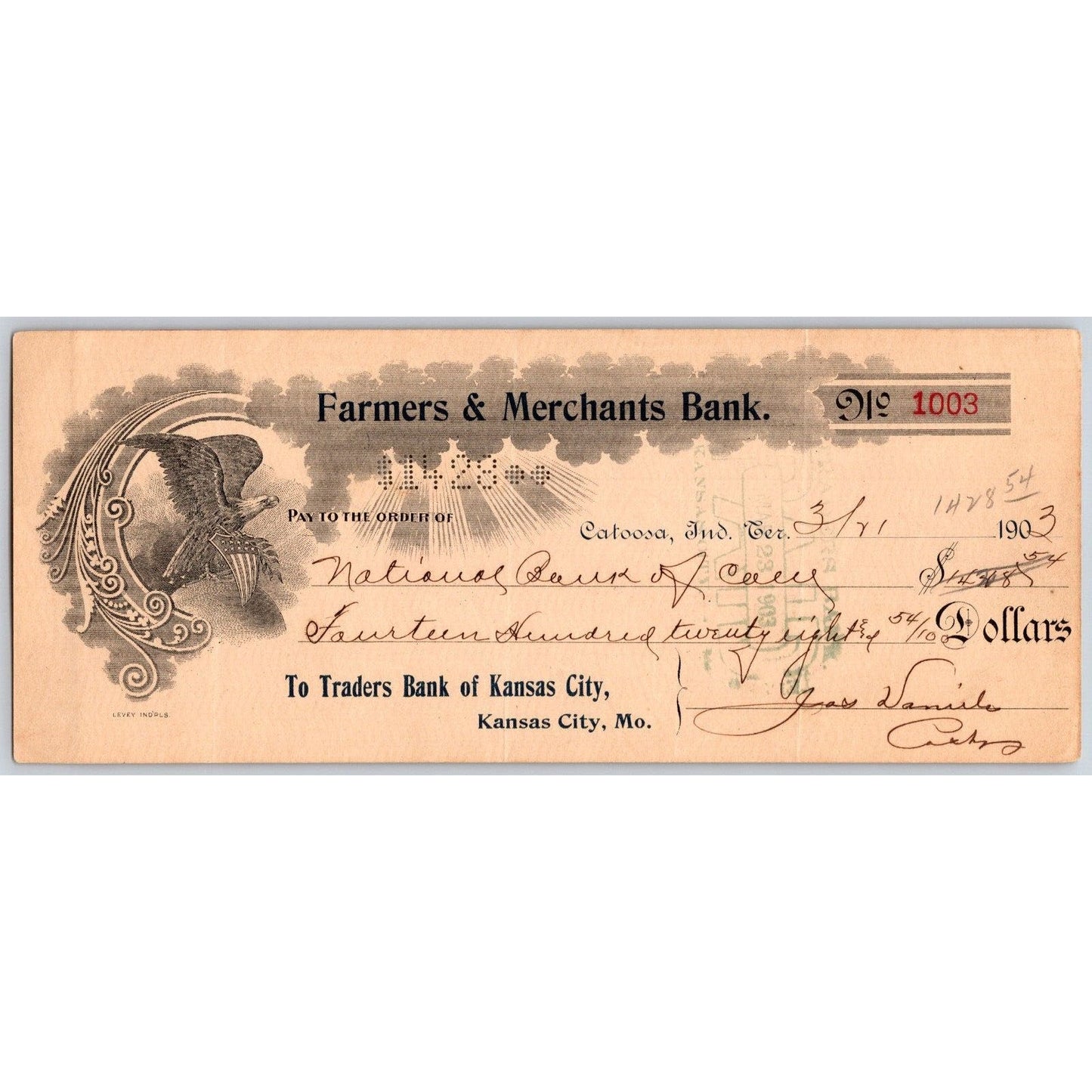 Catoosa, OK 1903 Indian Territory Farmers Merchants Bank Check Eagle Scarce