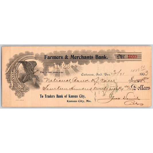 Catoosa, OK 1903 Indian Territory Farmers Merchants Bank Check Eagle Scarce
