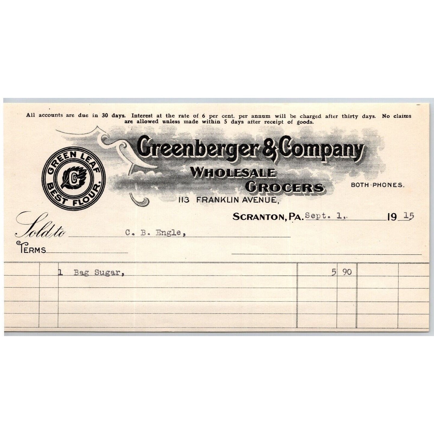 Scranton, PA Greenberger & Co. Grocers 1915 "C.B. Engel" Billhead Bag Sugar