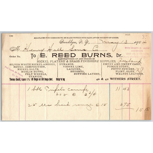 Brooklyn NY Billhead Letterhead 1904 E. Reed Burns Nickel Platers Brass Finisher