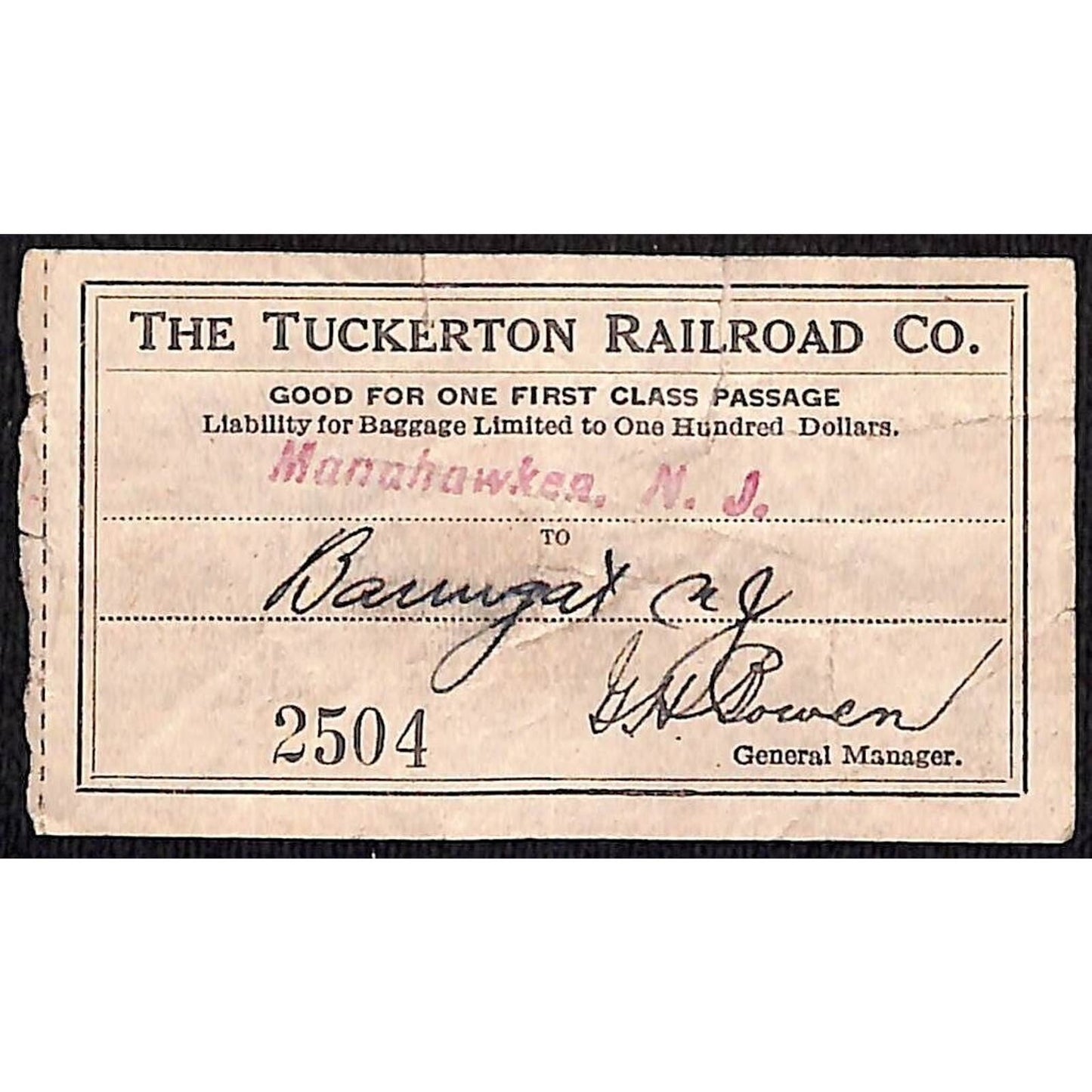 1931 Tuckerton Railroad First Class Ticket Manahawken, NJ Scarce #2504