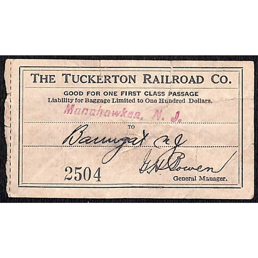 1931 Tuckerton Railroad First Class Ticket Manahawken, NJ Scarce #2504