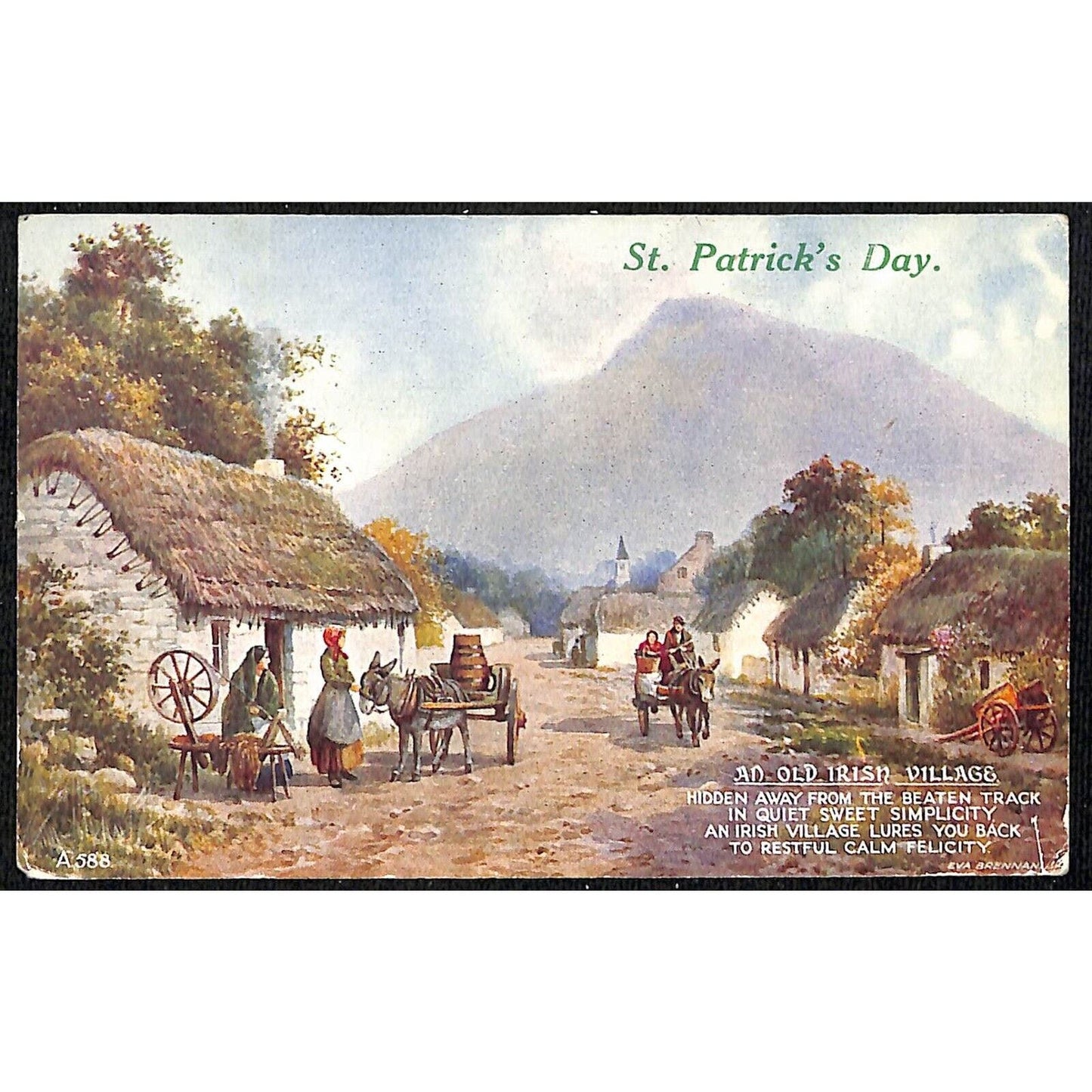 St. Patrick's Day Postcard "Old Irish Village" 1944 PM w/ "Army Passed"
