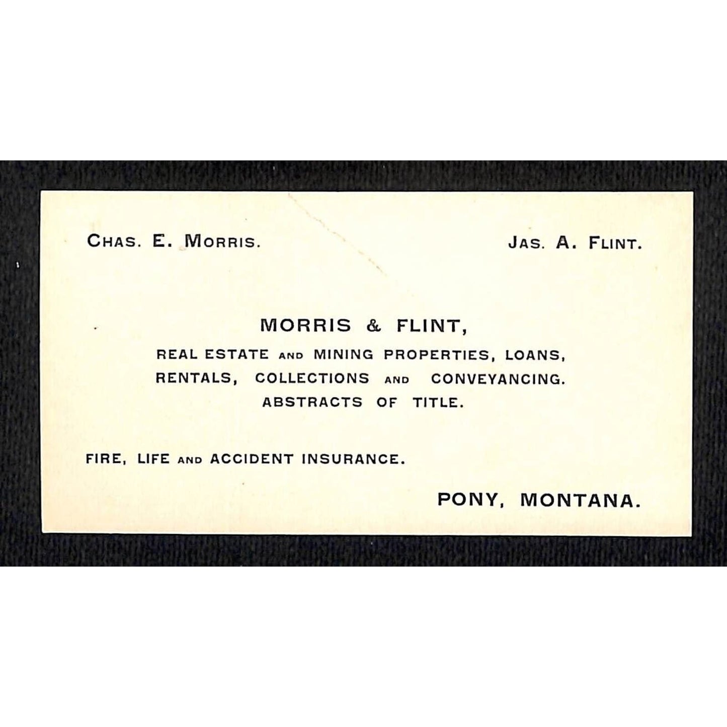 Morris & Flint Mining Attorneys Pony, Montana c1910 Business / Trade Card