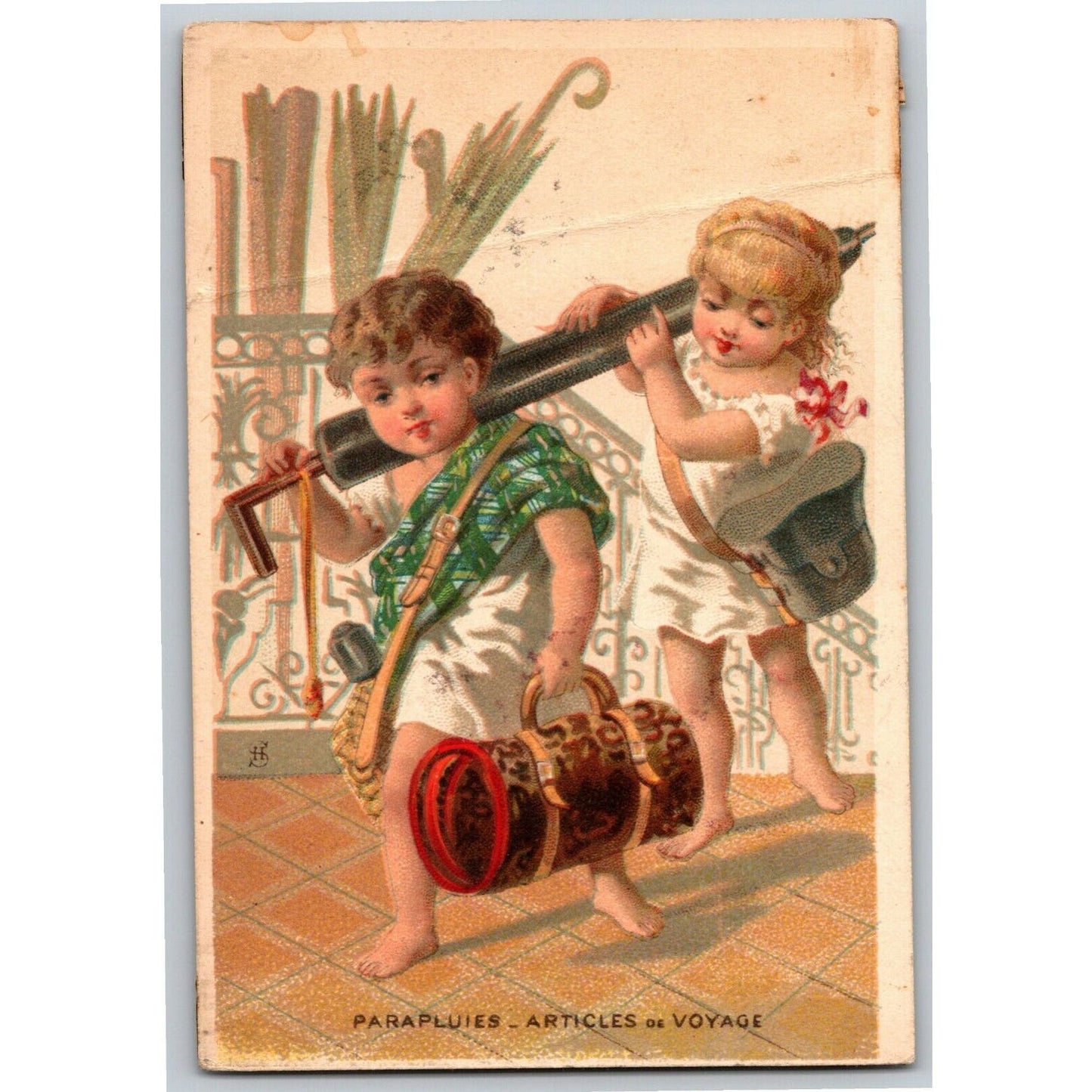 French Victorian Trade Card - 1889 Exposition Universelle Two well Dressed Girls