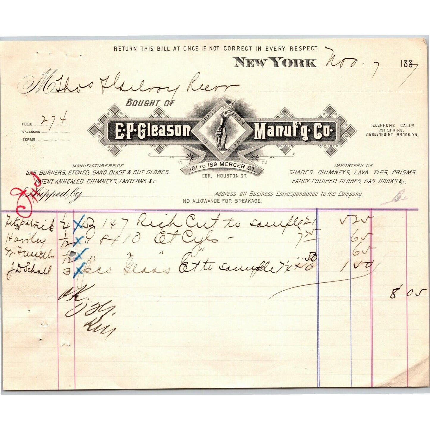 1887 "E. P. Gleason" Cut Glass Globes Billhead Letterhead Mercer St NYC