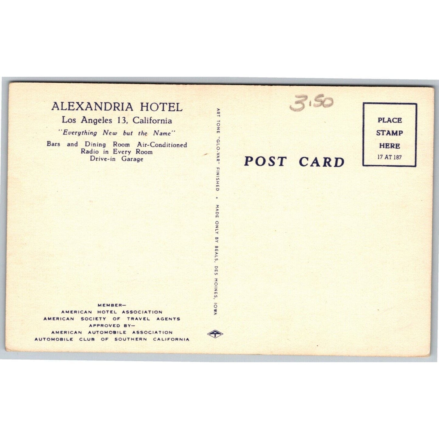 Alexandria Hotel Los Angeles Linen Postcard NP c1940's VGC