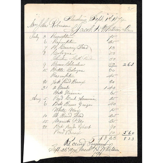 1874 ALS Payment Receipt "Jacob H. Whitson" "John Robinson" Flushing (NY ?)