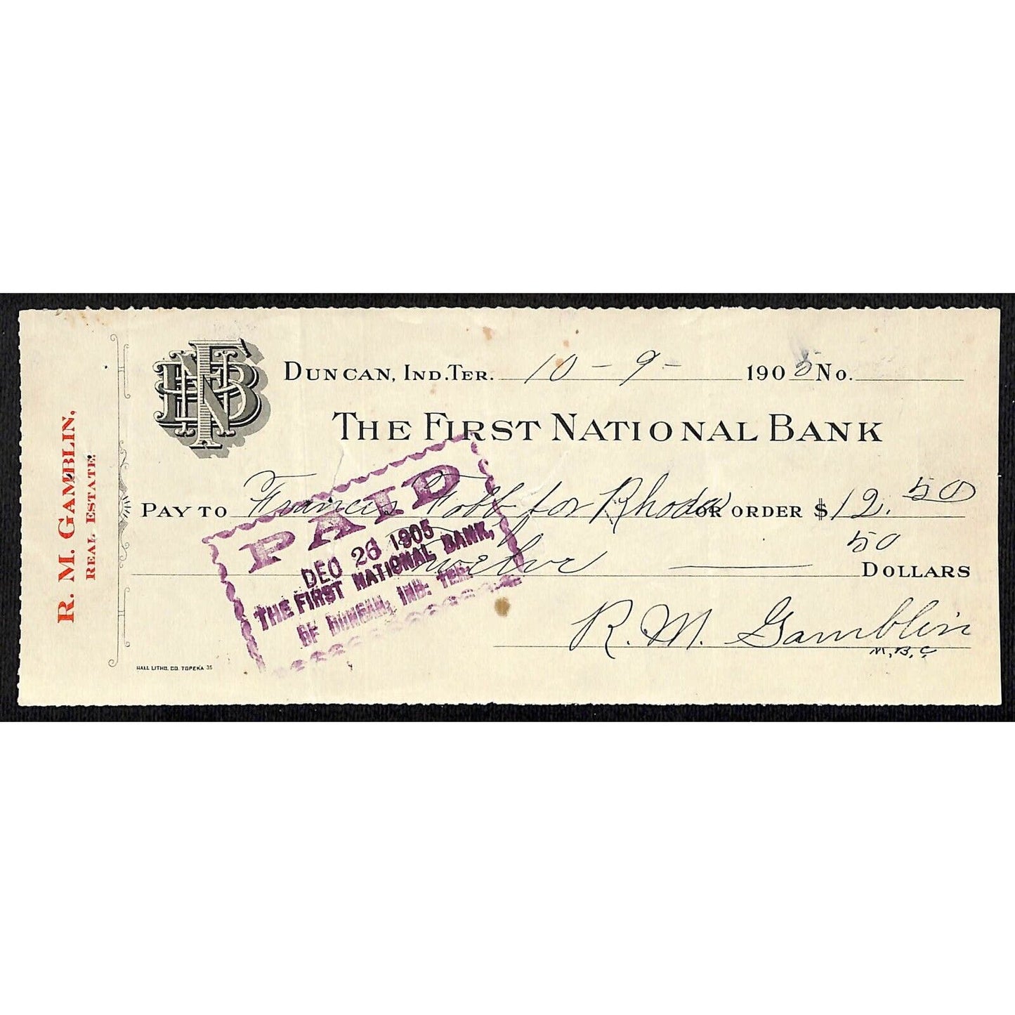 Duncan, OK Indian Territory 1905 R.M. Gamblin Real Estate FNB Bank Check Scarce