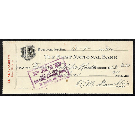 Duncan, OK Indian Territory 1905 R.M. Gamblin Real Estate FNB Bank Check Scarce
