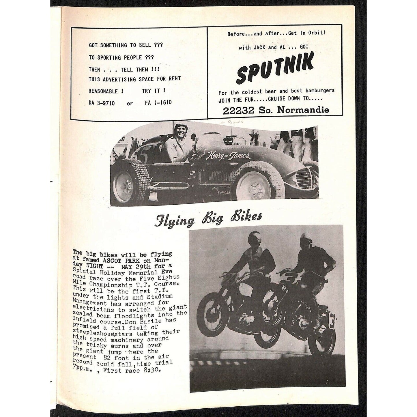 Scarce May 3 1961 Auto Racing CRA Big Car Program Ascot Gardena, CA 12pp