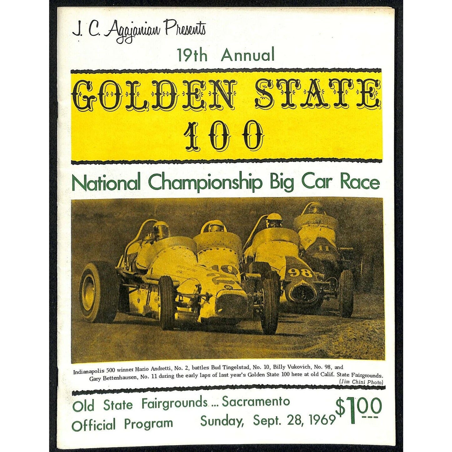 Scarce Sep 2 1969 USAC "Golden State 100" Big Car Auto Racing Program Sacramento