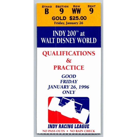 1996 Indy 200 Walt Disney World Qualifications & Practice Ticket Stub Seat 9