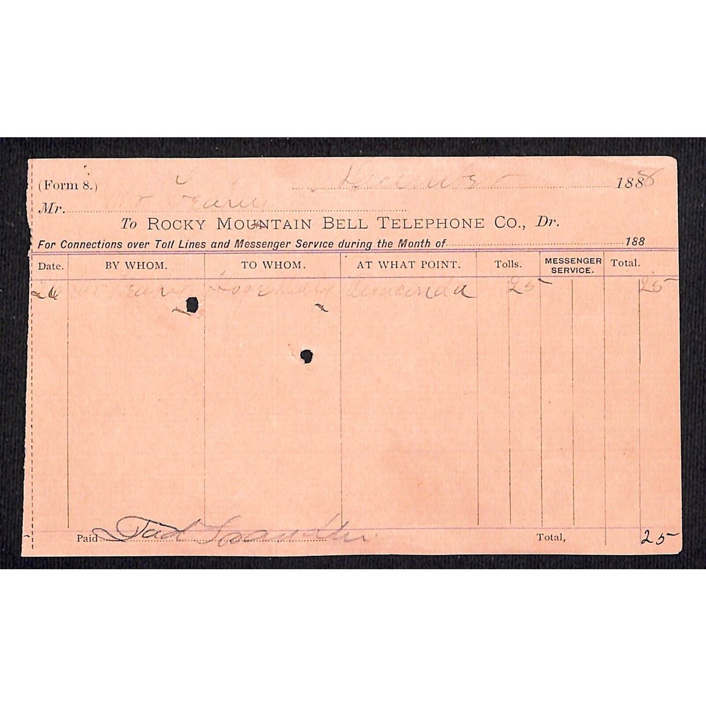 1888 Rocky Mountain Bell Telephone Receipt (Likely Butte City Montana )
