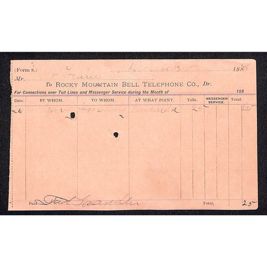 1888 Rocky Mountain Bell Telephone Receipt (Likely Butte City Montana )