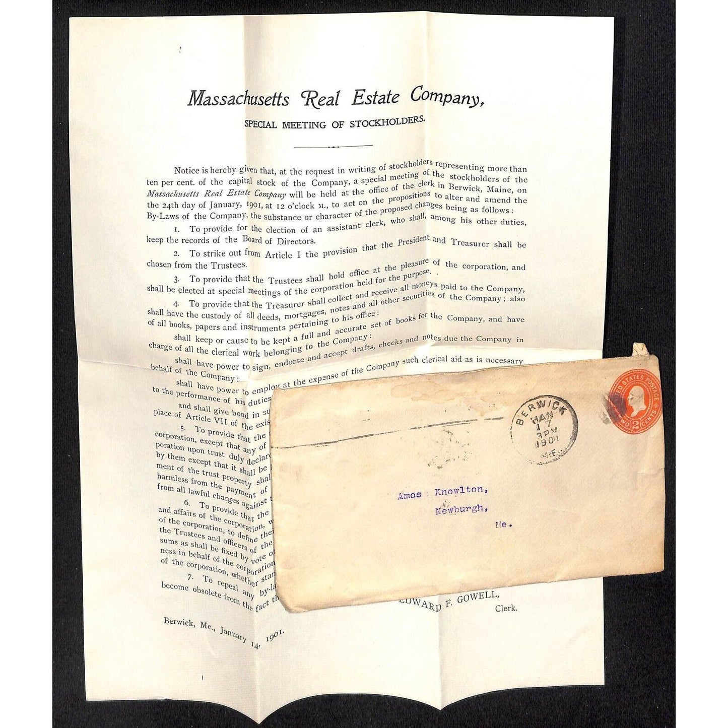 Newburgh, ME Amos W. Knowlton* 1901 Massachusetts Real Estate Co. Letterhead