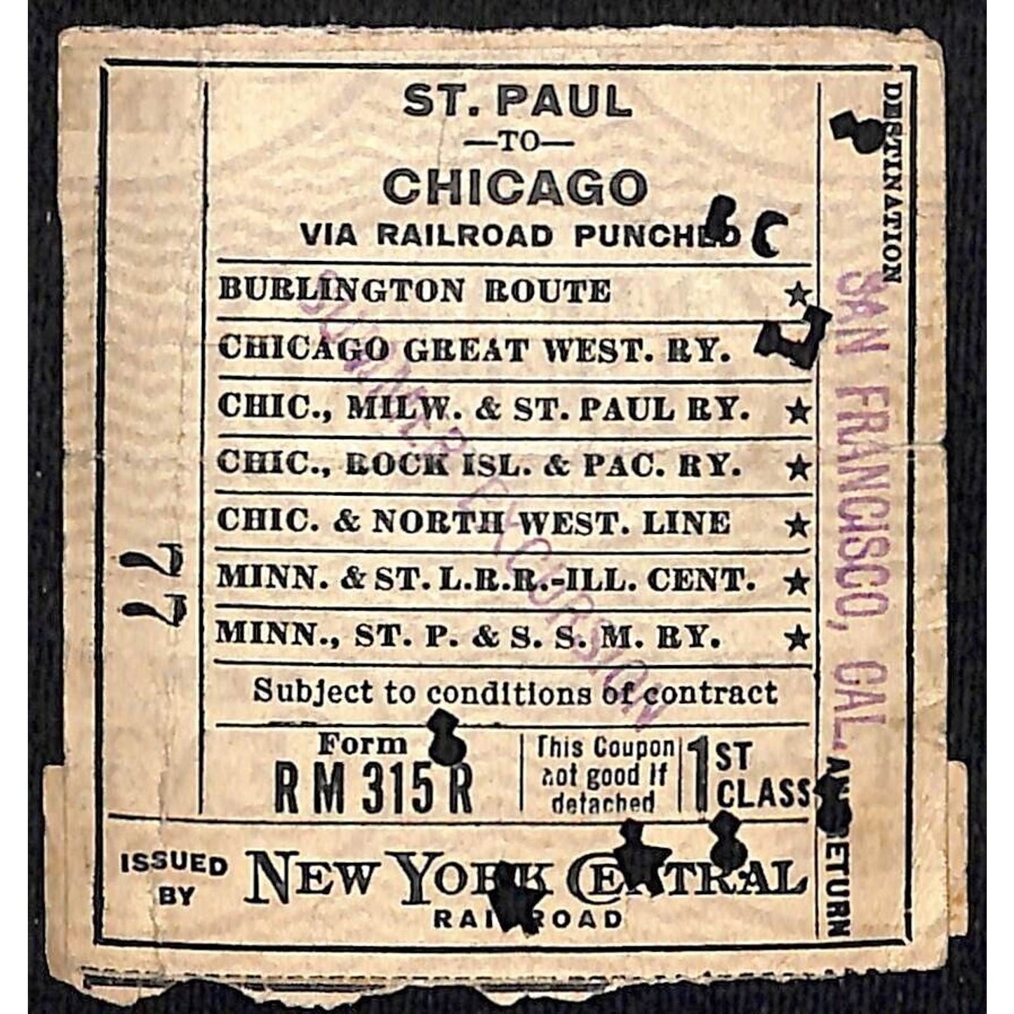 New York Central Railroad 1915 Ticket St. Paul to Chicago #77