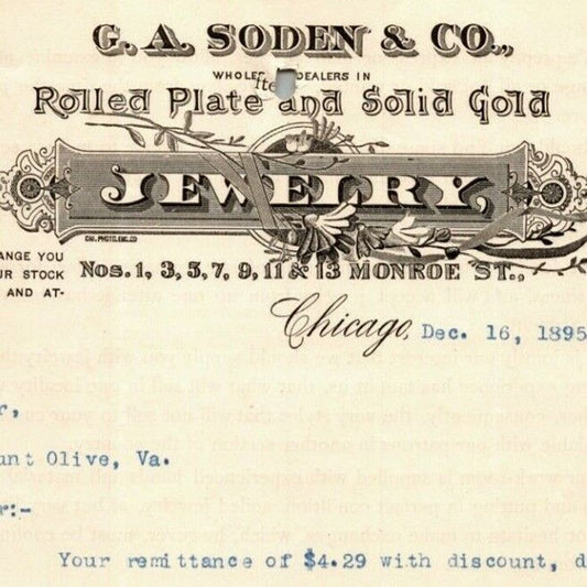 1895 Letterhead Billhead G.A. Soden & Co. Jewelry Gold Chicago Ephraim Baker*