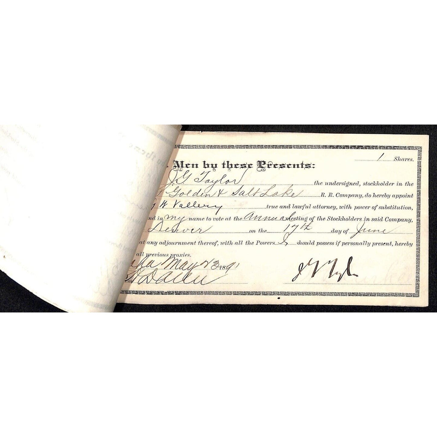 Group of 6 1891 Denver, Golden and Salt Lake Railroad 1881-1917 Stock Documents