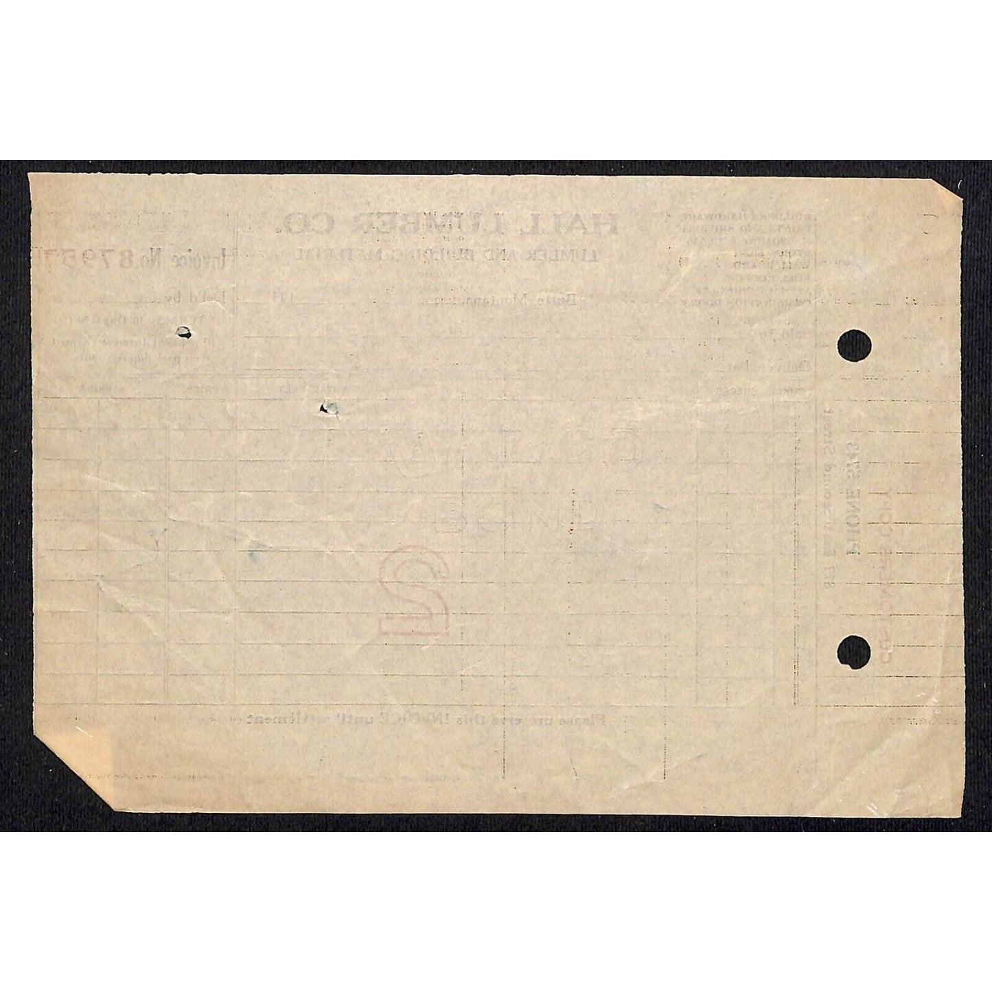 Hall Lumber Co. Butte Montana c1933 Billhead Letterhead - Wilson Drug