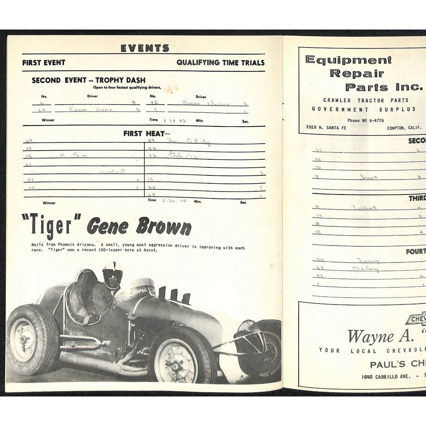 Scarce April 28 1962 CRA Sprint Car Auto Racing Program Ascot Park Gardena 12pp.