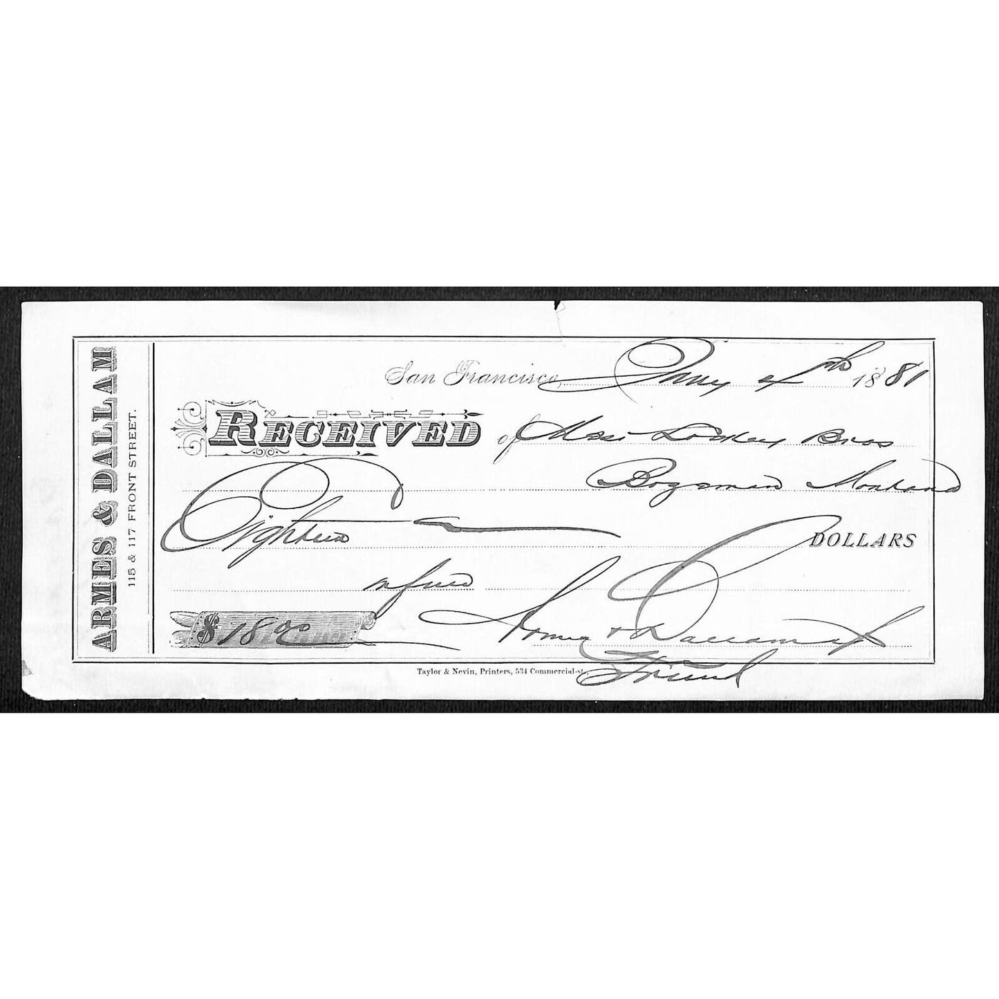 San Francisco Armes & Dallam (Wooden and Willow Ware) 1881 Payment Receipt