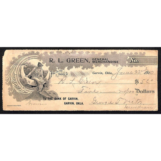 Garvin, OK 1910 R. L. Green General Merchandise Bank Check - Vignette Scarce