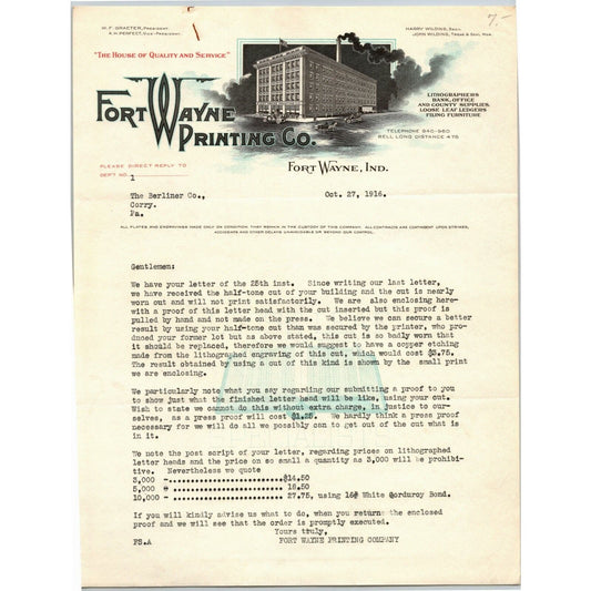 Fort Wayne Printing Co.1916 Letterhead Lithographers Bank Office Supplies