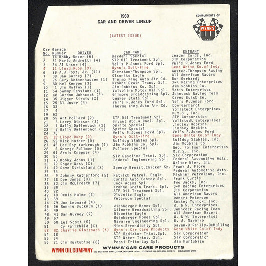 1969 Indy 500 Indianapolis Motor Speedway Wynn Oil Car and Driver Lineup Sheet