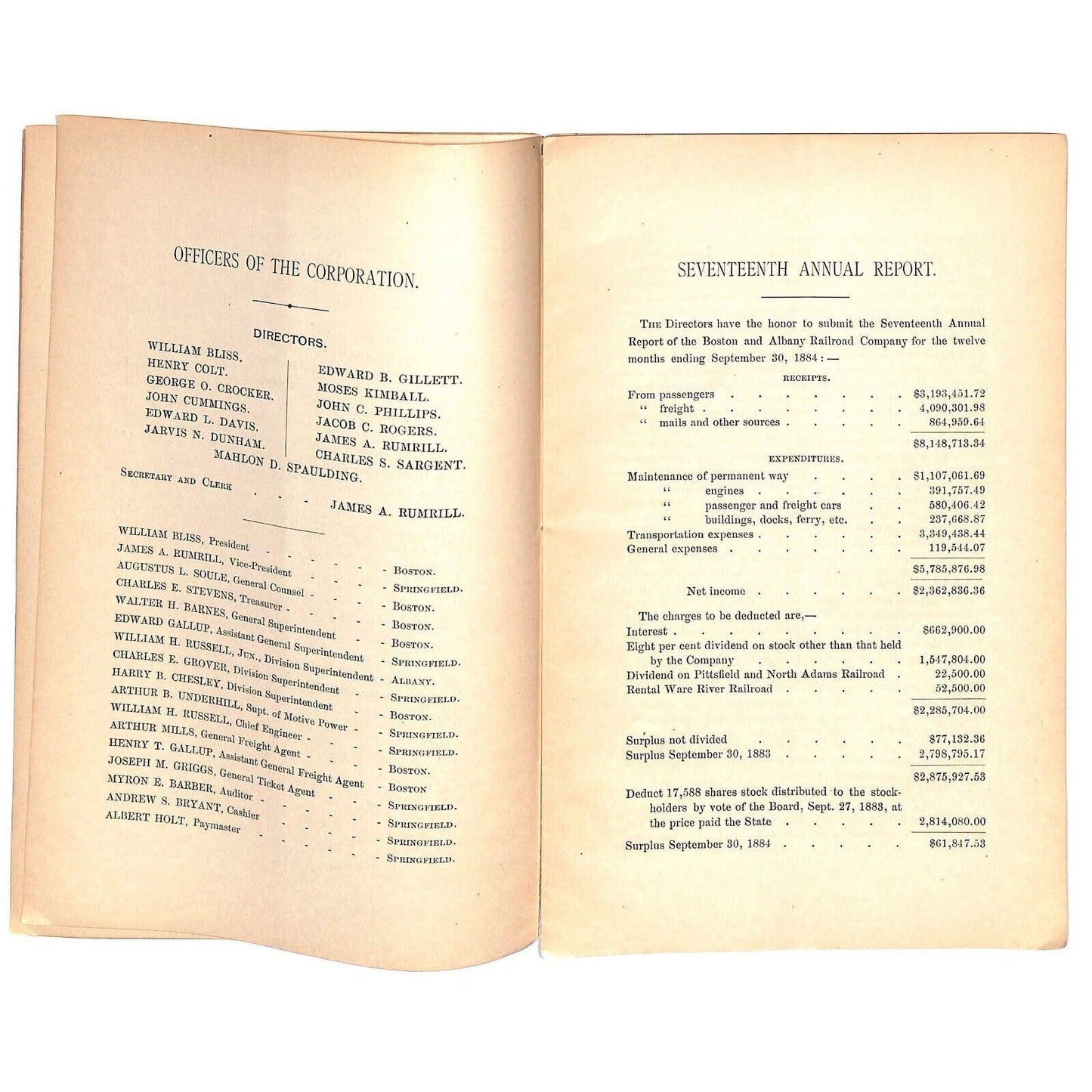 1884 Boston & Albany Railroad Annual Report 22pp - Scarce VGC