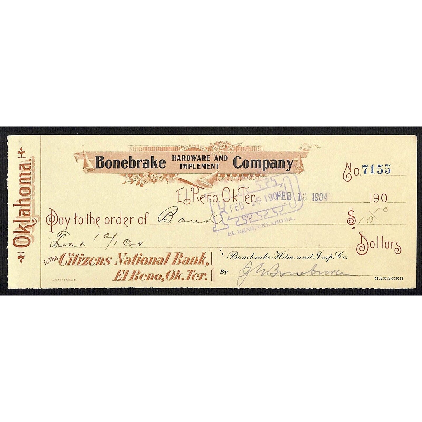 El Reno, OK 1904 Territorial "Bonebrake Hardware and Implements" Check Scarce