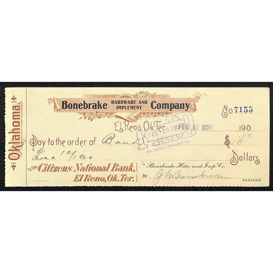 El Reno, OK 1904 Territorial "Bonebrake Hardware and Implements" Check Scarce