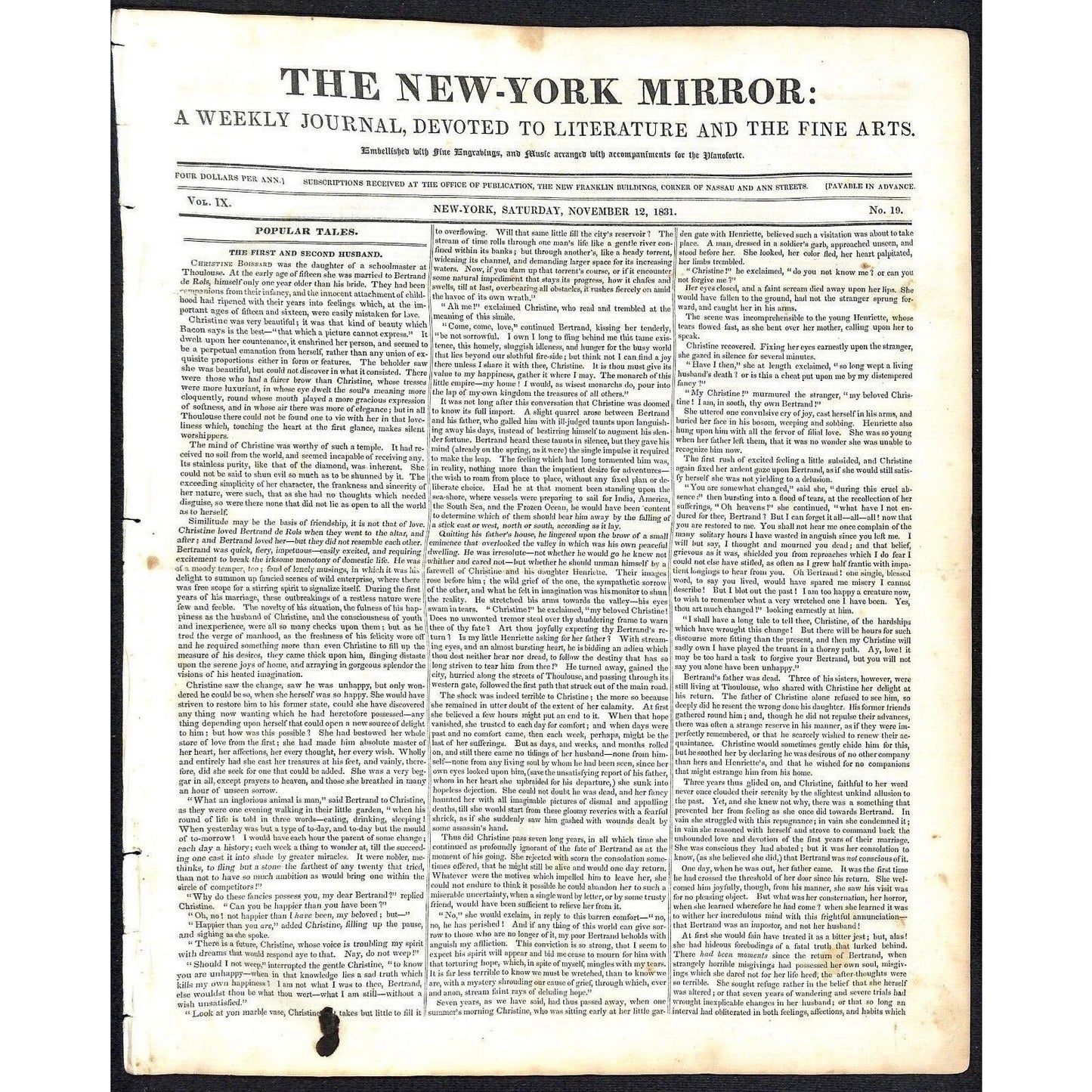 New-York Mirror Weekly Journal Literature Fine Arts Newspaper - Nov 12 1831 8pp