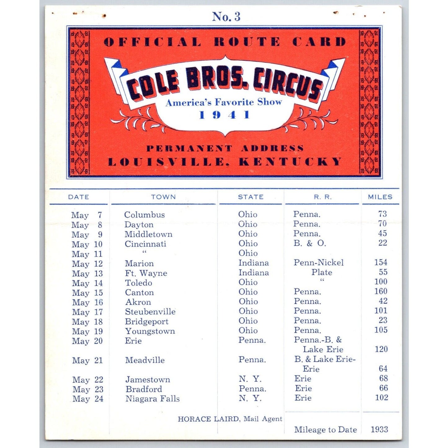 1941 Cole Bros Circus Route Card Indiana Ohio New York Pennsylvania
