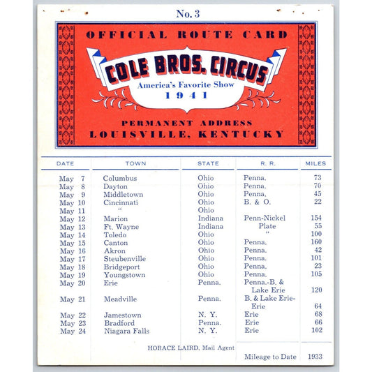 1941 Cole Bros Circus Route Card Indiana Ohio New York Pennsylvania
