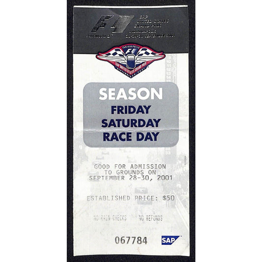 2001 SAP Grand Prix F1 Racing IMS Season Grounds Admission Ticket