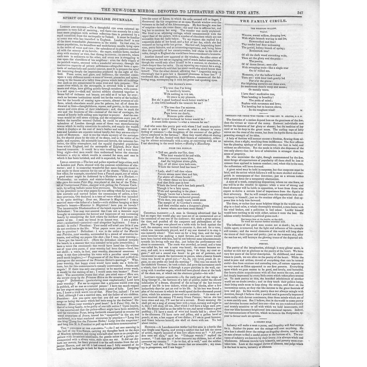 New-York Mirror Weekly Journal Literature Fine Arts Newspaper 4/27/1839