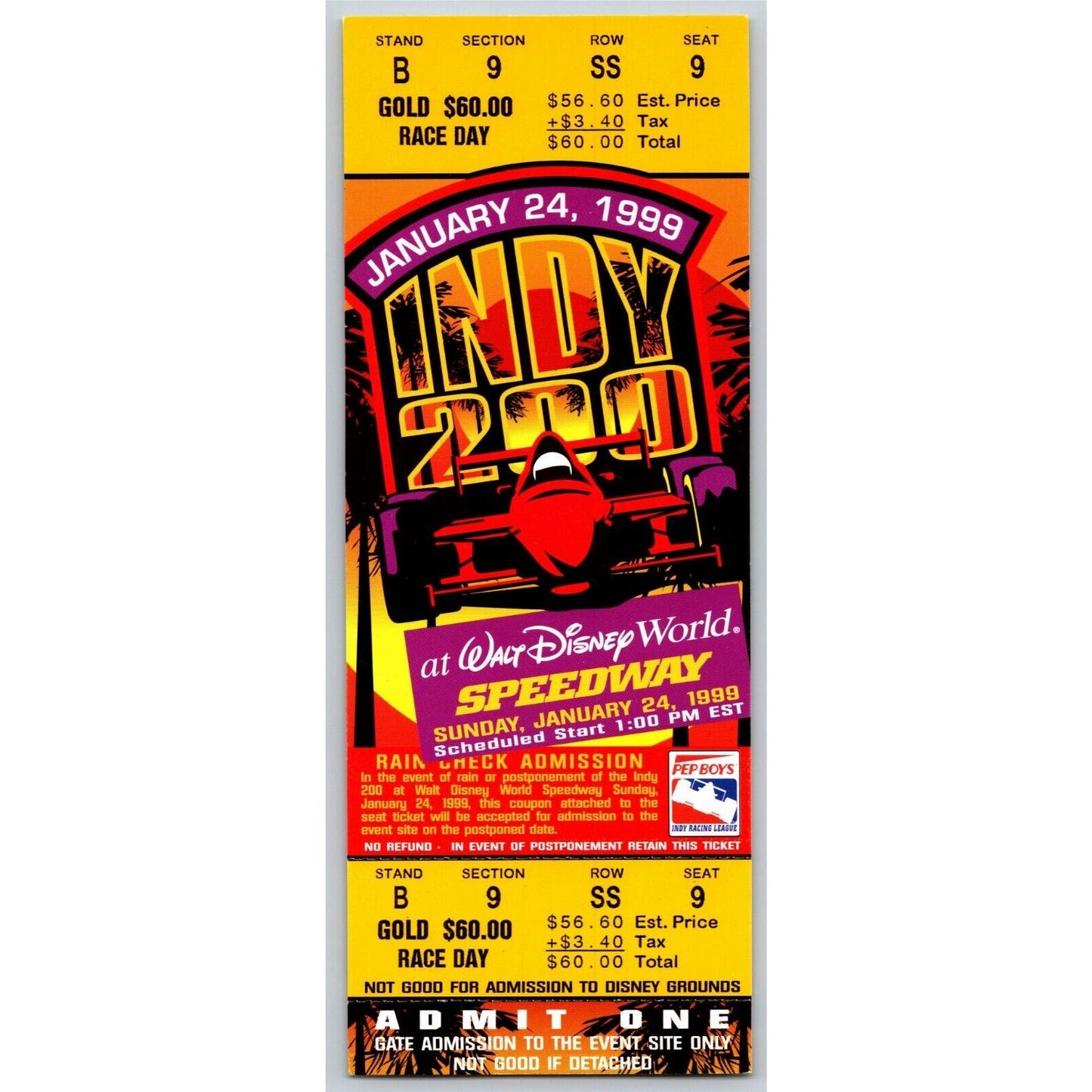 1999 Indy 200 Walt Disney World Speedway Ticket Stub - Seat 9