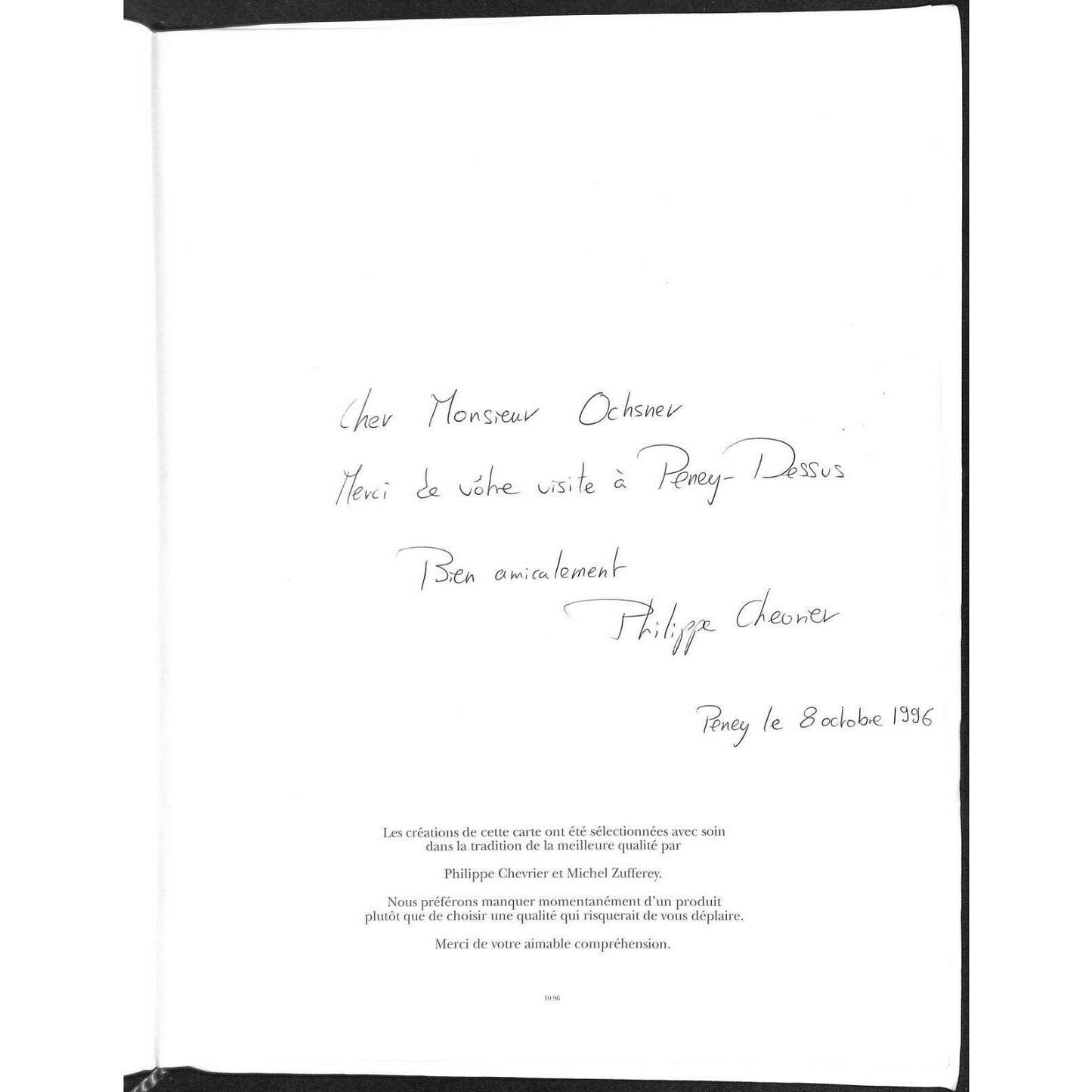 Domaine de Châteauvieux Peney-Dessus Menu 1996 - Signed by Chef Chevrier