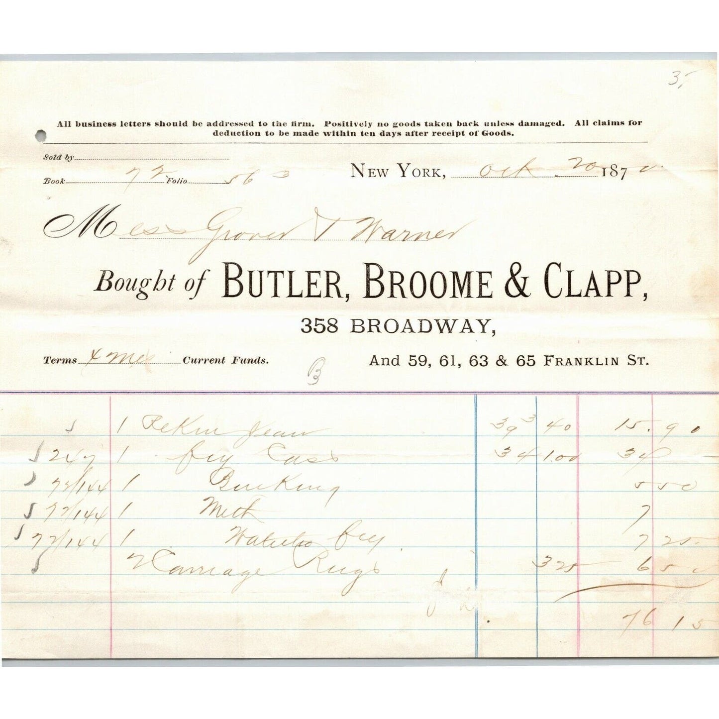 Butler, Broome & Clapp NY to Glover, Warner & Clarke Sandy Hook Letterhead 1870
