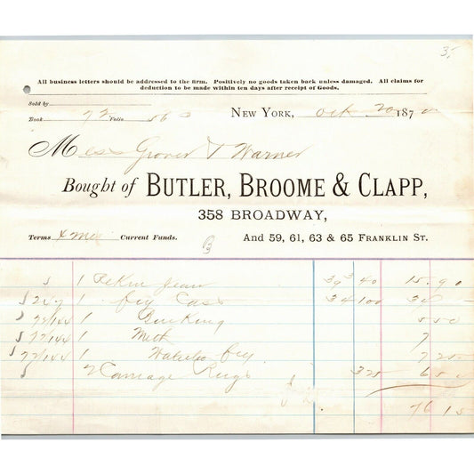 Butler, Broome & Clapp NY to Glover, Warner & Clarke Sandy Hook Letterhead 1870